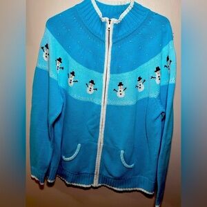 Quacker Factory Winter Snowman Sweater Cardigan Zip XL Christmas